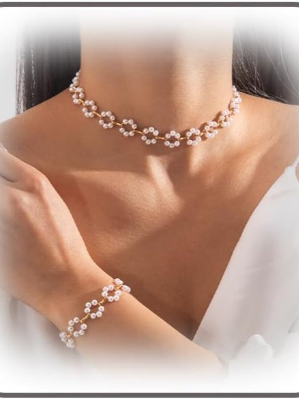 Charm 14K Gold Pearl Flower Choker Necklace Bracelet Set for Women Trendy, State